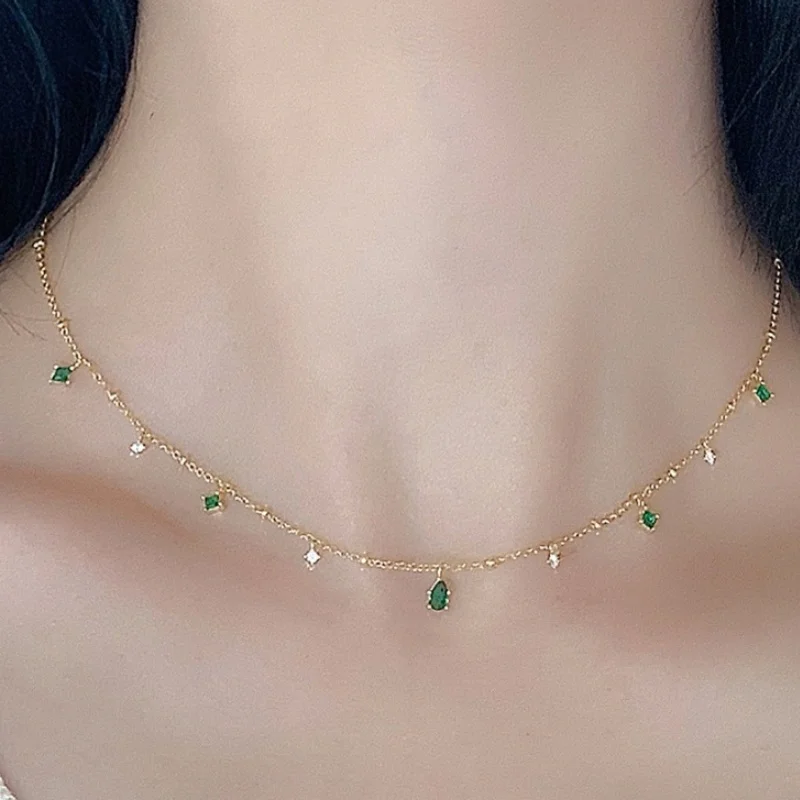 Fashion Vintage CZ Emerald Station Beads Chain Necklace for Women Exquisite Choker Clavicle Chain With Green Zircon Jewelry Gift