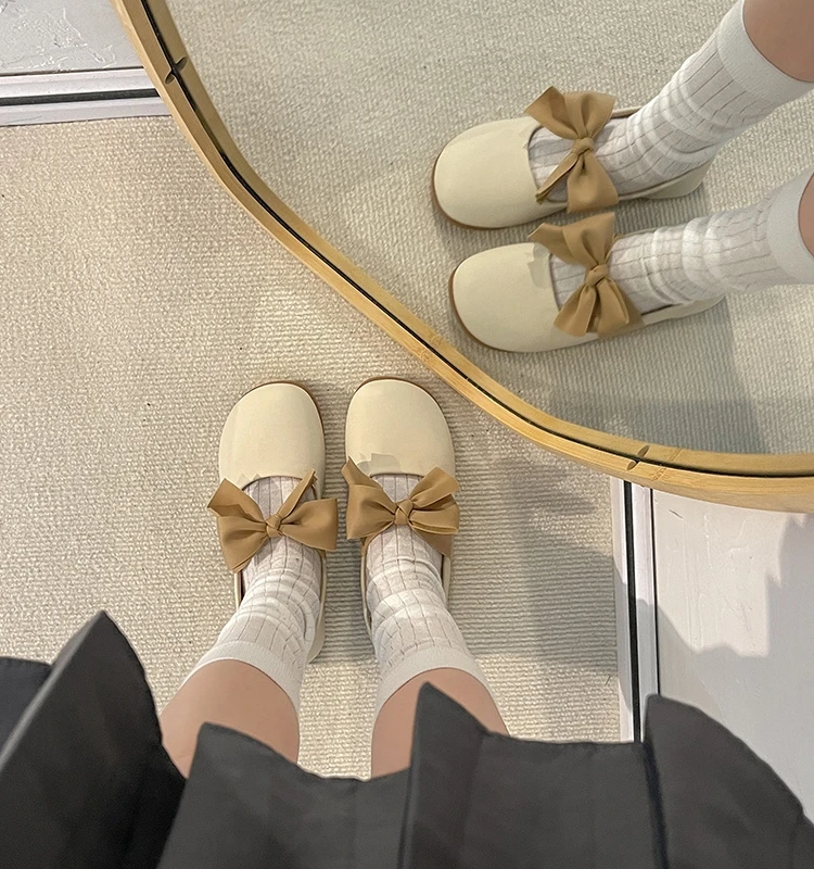 

Shoes Shallow Slippers Women Summer Pantofle Butterfly-Knot 2023 Rubber Flat Soft Hoof Heels Basic PU Butterfly-knot Mary Janes