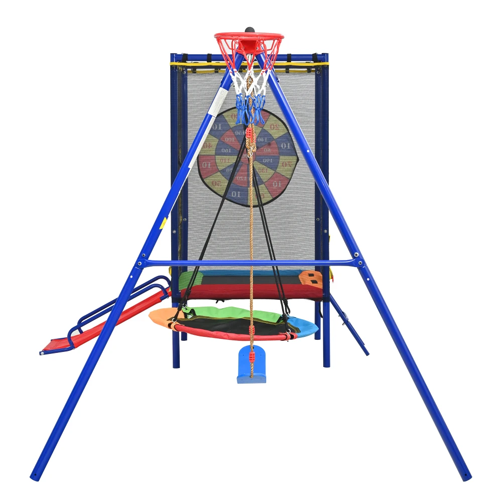 Multifunktionaler Kinder-Spielturm für Draußen mit Schaukel, Rutsche & Trampolin, Sicherheitsnetz & Basketballkorb für Garten-Spaß – Detail 27