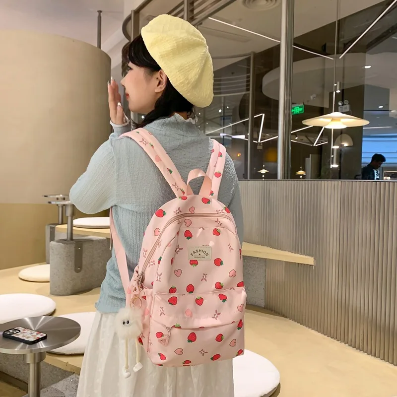 Strawberry Print Backpack Warterproof Nylon Women Anti-theft Shoulder Bag Large Capacity School Bag For Girls Travel Rucksack 3