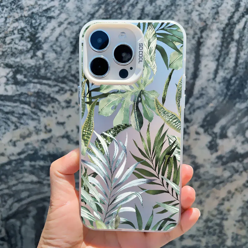 Tropical Monstera Palm Leaf & Bird Design Shockproof Phone Case with Laser Shell Finish