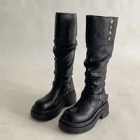 2026 Punk Knee-High Boots Women Chunky Platform Buckle Retro Biker Boots Plus Size