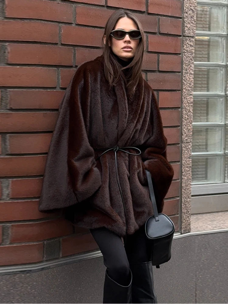 Women's Elegant Faux Fur Coat Fashion Oversized Long Sleeve Warm Belt Waist Jacket Lady 2026 Spring New Chic Street Outerwear - 2