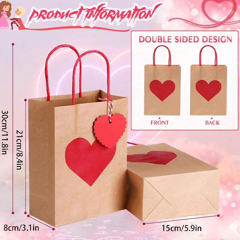 10Pcs Red Heart Kraft Paper Candy Gift Packing Bag with Tag Shopping Tote Bag for Valentine's Day Wedding Party Decor Supplies