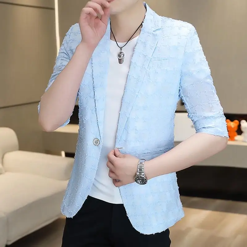 Summer Men Blazers 3/4 Sleeve Casual Suit Jacket Thin Breathable Slim Fit Business Social Hairstylist