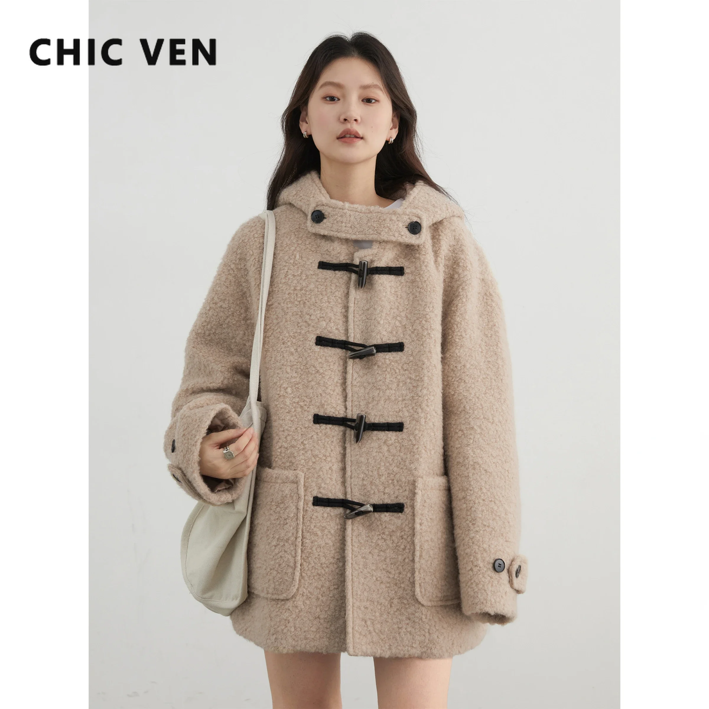 CHIC VEN Women's Woolen Coat Loose Solid New Korean Black Coat Cow Horn Buckle Female Hooded Jacket Outerwear Autumn Winter