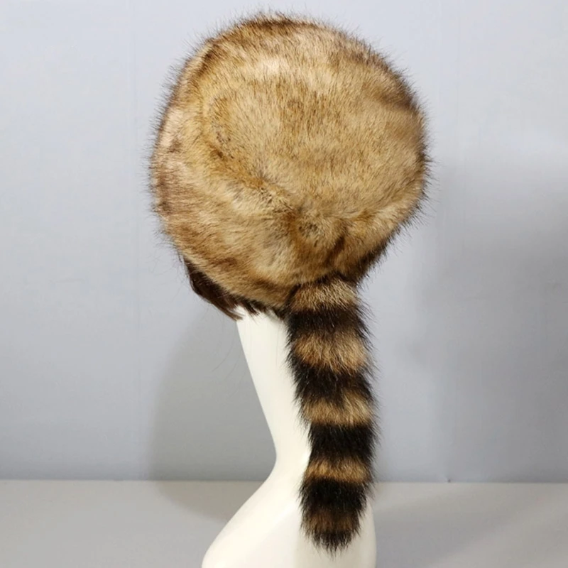 Adult Unisex Plush Flat Top Hat Russian Style Mongolian Hat with Raccoon Tail Woman Teens Casual Windproof Winter Keep Warm Cap