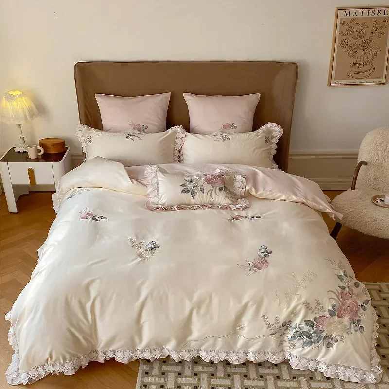 

Vintage French Princess Bedding Set 1000TC Egyptian Cotton Flowers Embroidery Ruffles Duvet Cover Set Bed Sheet Pillowcases 4Pcs