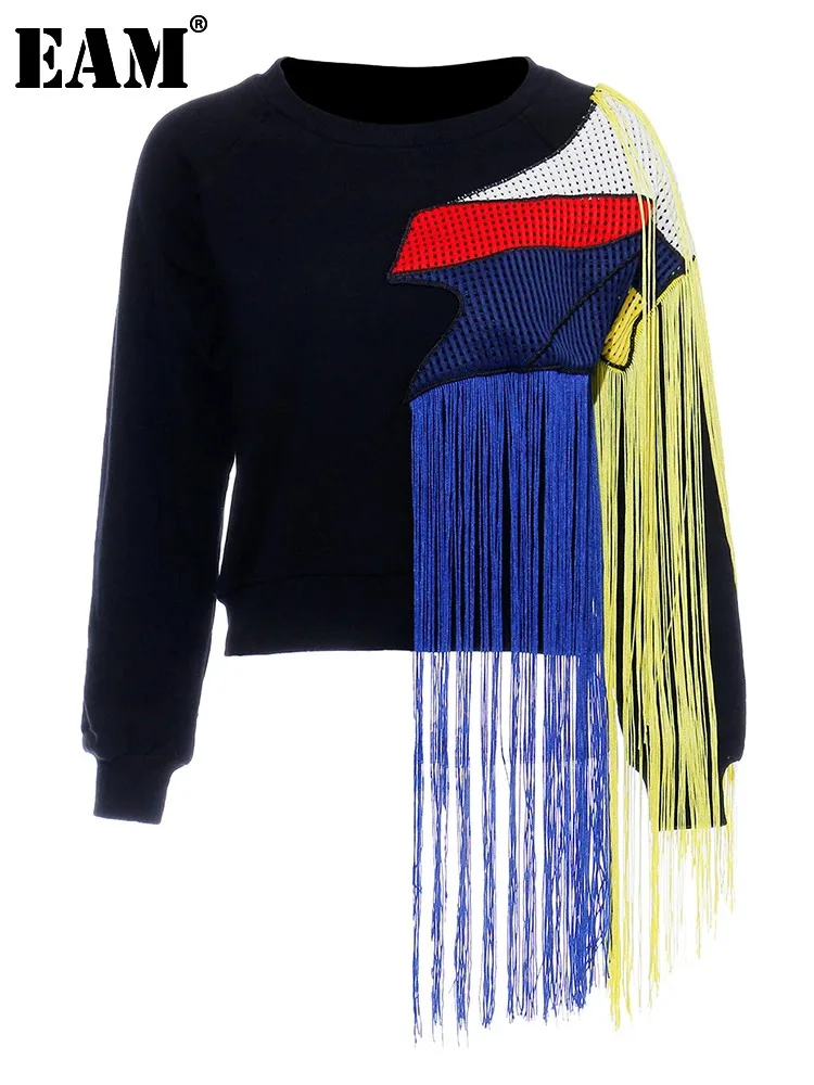 

[EAM] Loose Fit Rainbow Tassel Sweatshirt New Round Neck Long Sleeve Women Big Size Fashion Tide Spring Autumn 2024 1DD2349