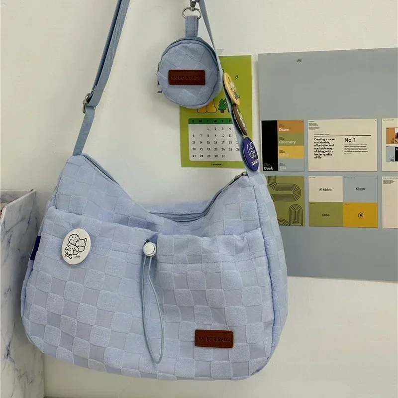 New Harajuku Style College Crossbody Bag Solid Color Plaid Print Large Capacity Shoulder Bag New Cute Fashion Designer Handbag