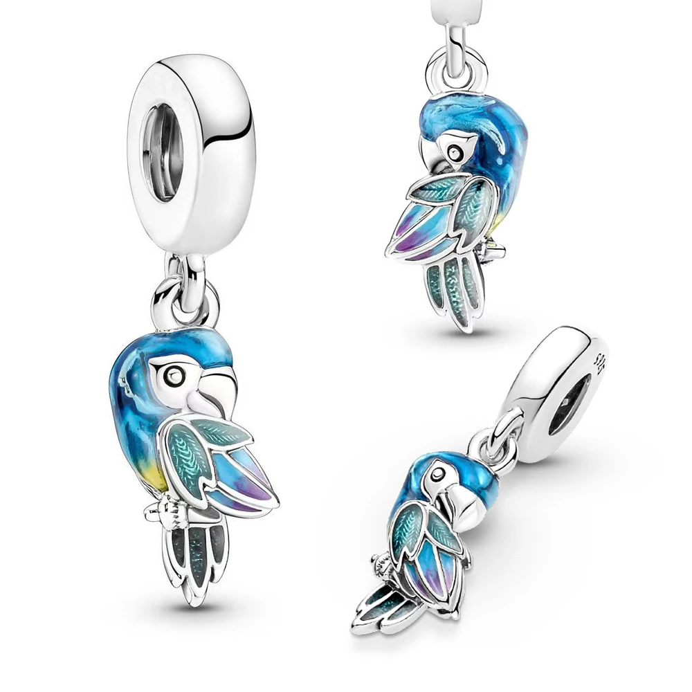 

NEW 925 Sterling Silver Blue Jungle Paradise Parrot Charm Bead for Women Diy Jewelry Gift Fit Original DIY Bracelet Bead