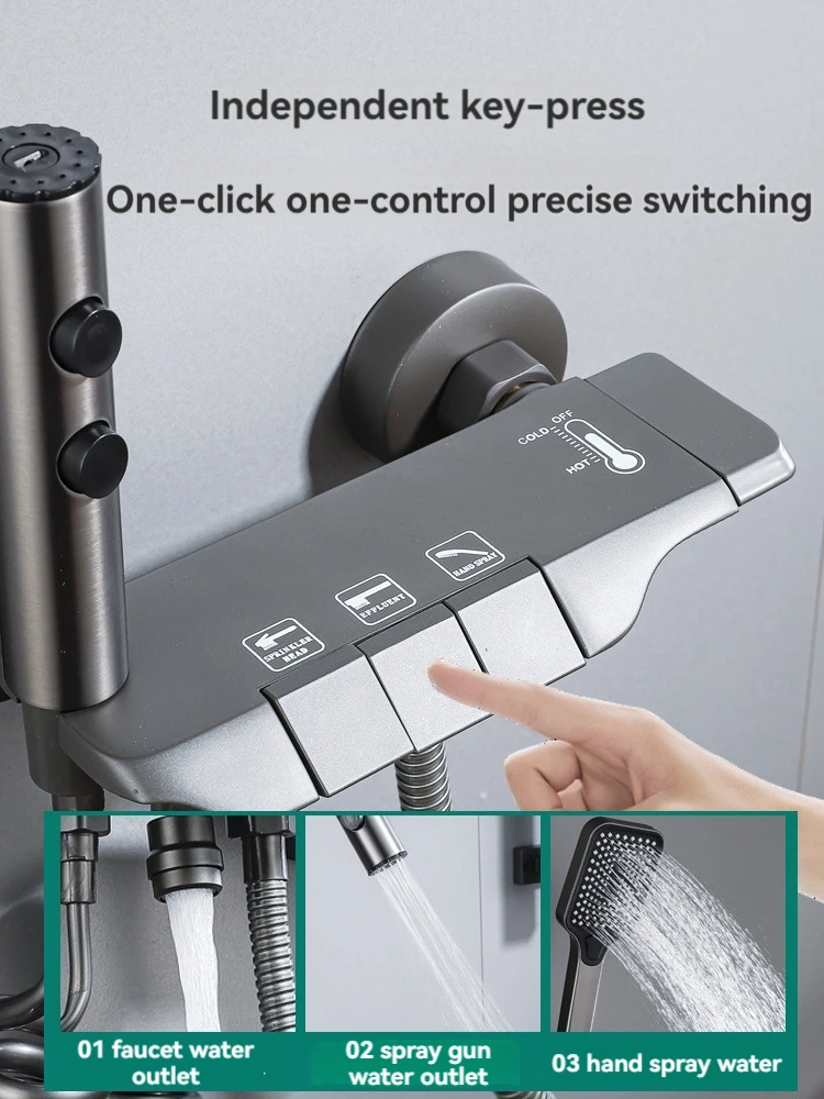 shower Faucet Sets Key Piano Button Bathroom Sets Gun Grey Thermostatic Shower System with Handheld and Body Jet Massage 2