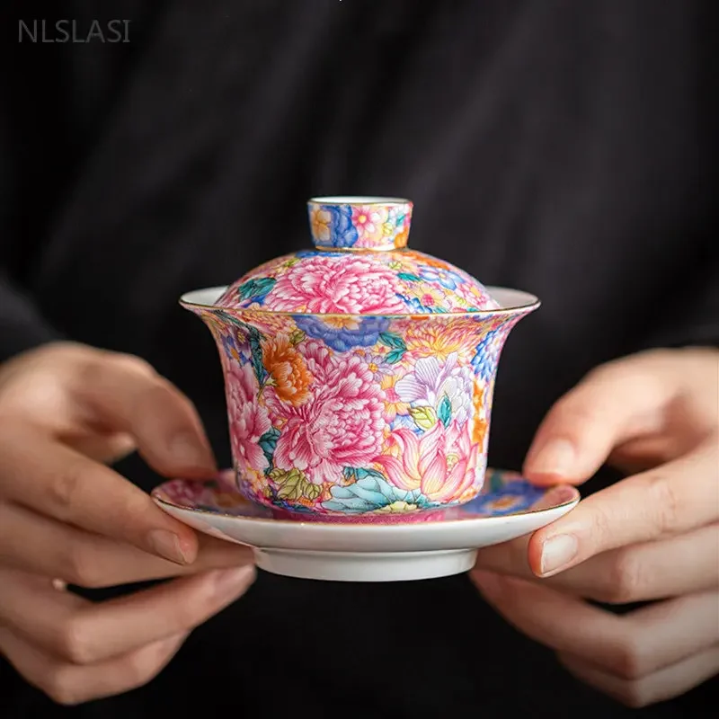 150ml Enamel Color Tea Set Jingdezhen Ceramic Gaiwan Chinese Tea Cup Cover Home Infuser Teaware Gifts