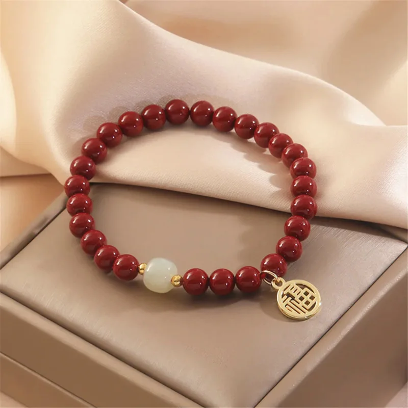 

Natural Cinnabar Beads Hetian Jade Bracelet Female Ins Niche Design 14K Gold Filled Blessing Pendant Women Jewelry Trendy Gift