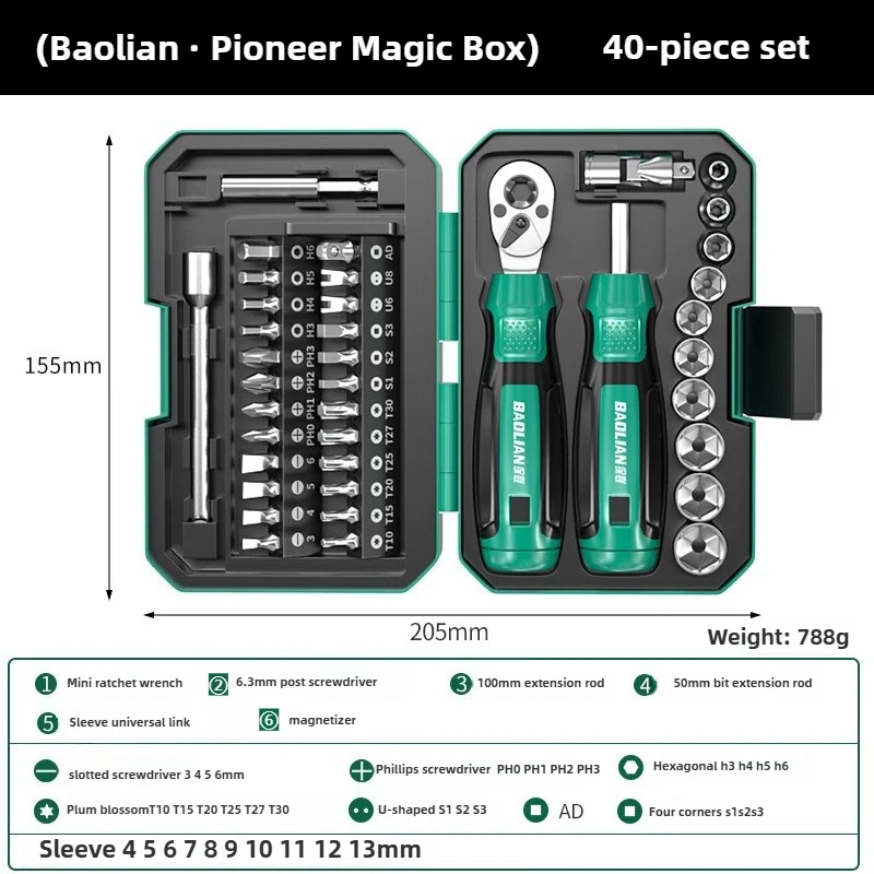 BAOLIAN40pc Tornavida Anahtarı Kol Seti Cırcır Tornavida Anahtarı Kiti DIY Ev Tamir Aracı Manyetik Tornavida Bit Seti