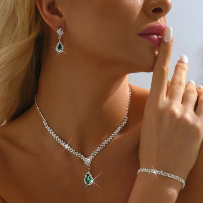 Trendy Water Drop Rhinestone Necklace Bracelet Earrings Jewelry Set for Women Delicate Statement Bride Wedding Jewelry Gifts