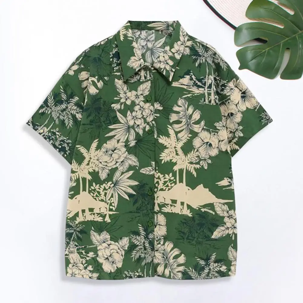 Trendy Single Breasted Lightweight Floral Leaves Pattern Summer Male Shirt Turn-down Collar Men Top Daily Clothing