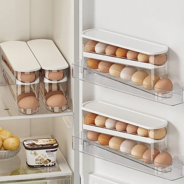 Boîte de rangement d'œufs de réfrigérateur bicouche, support d'œufs roulant automatique, Style échelle, distributeur d'œufs de réfrigérateur, support d'organisation d'œufs 4