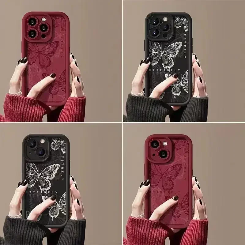Vintage Red Butterfly Silicone Phone Case with Camera Lens Protection