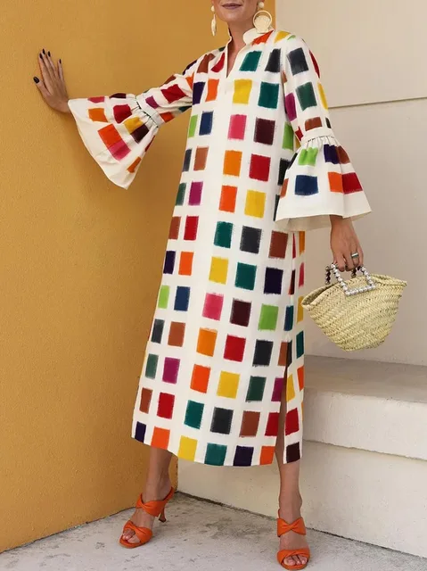 Vestido de arte feminino 2025 verão mais recente manga alargamento praia festa moda casual xadrez longo chifre linha com decote em v saia solta