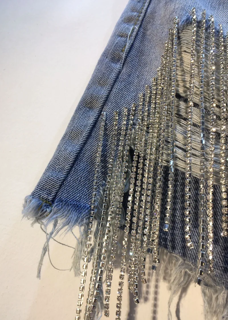 Fashionable Ripped Rhinestone Tassel Chain High Waist Denim Shorts Women 2023 Summer New Sexy Girl Slim Blue Booty Shorts