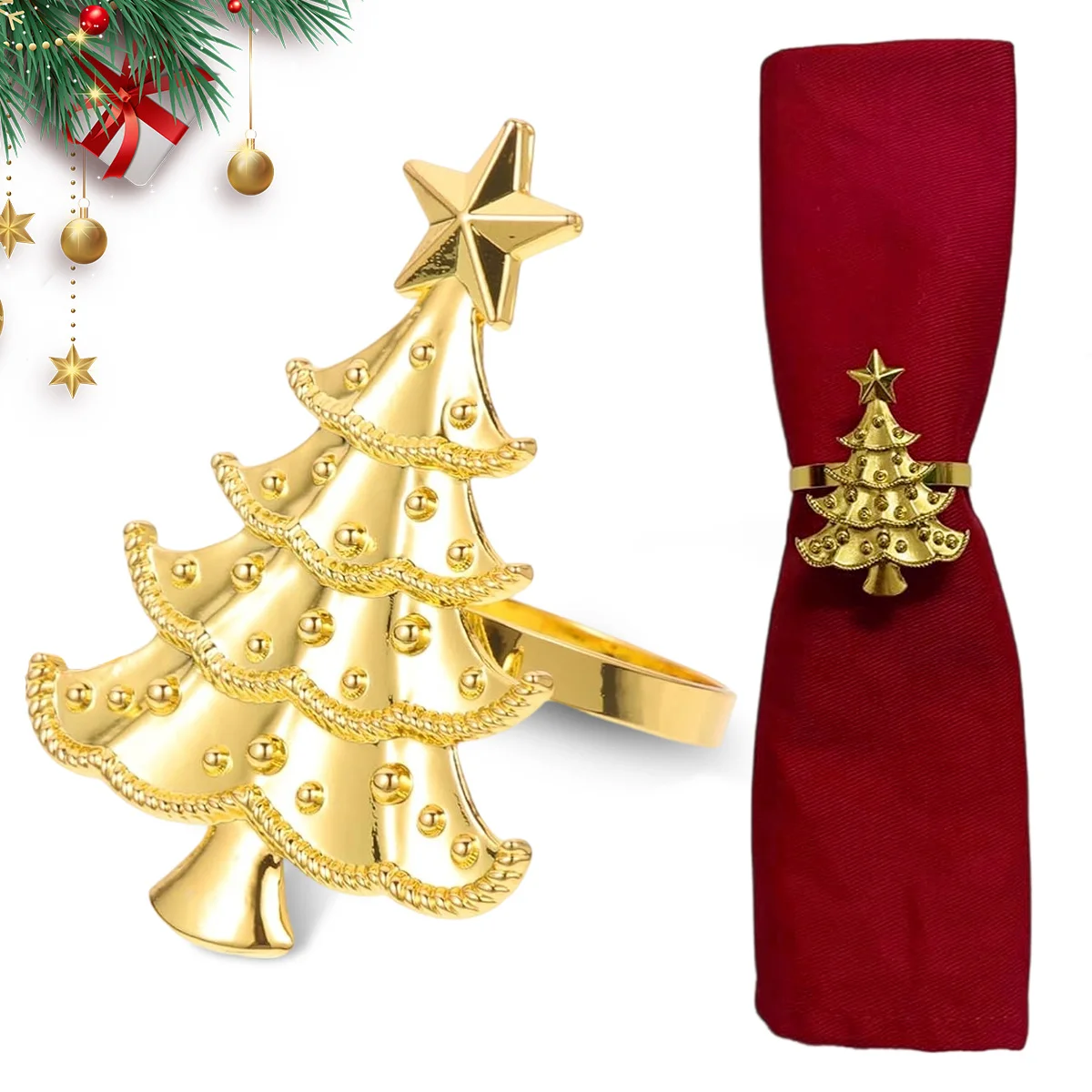Gold Christmas Tree Napkin Ring Set 1