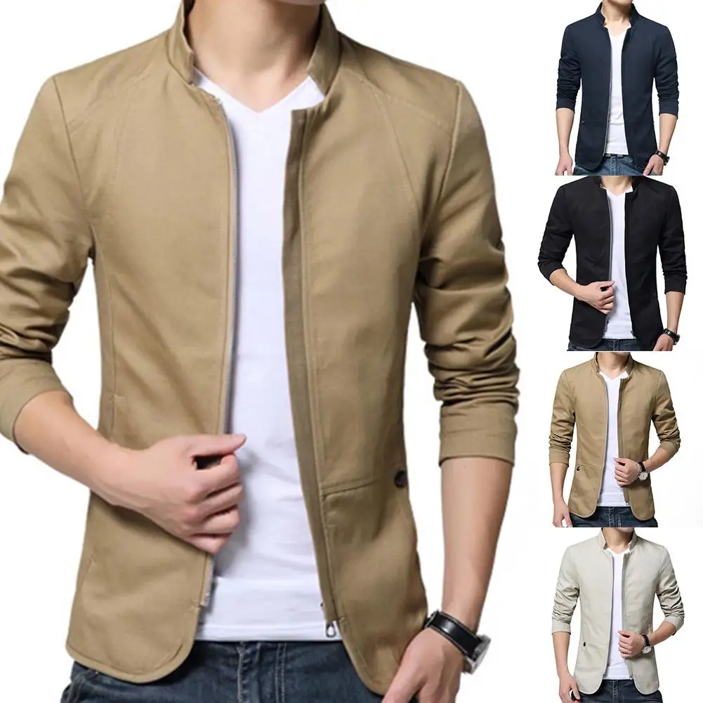 Homens Casual Cor Sólida Stand Collar Zipper Bolso Fino Casaco Blazer Slim Men Moda Marca Blazer Jaqueta de Negócios jacket