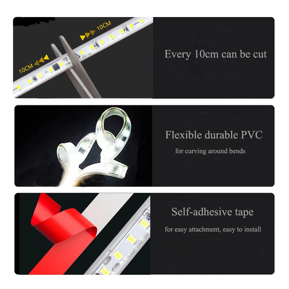 LED Strip Light, Flexible & Cuttable, Soft 220V Tape with Adhesive