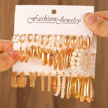 18 Pairs Set Fashion Gold Color C Earrings For Women Metal Earing Jewelry 2025 Trending New Luxury Women's Hoop Earrings Gifts