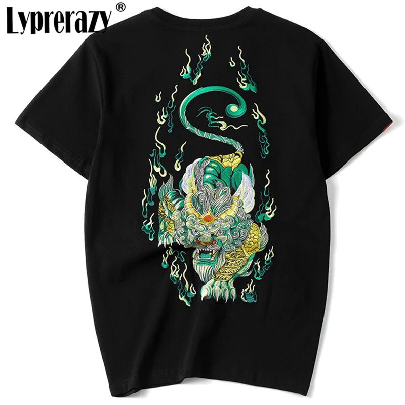 

Lyprerazy Original Brand Men's T-shirt Short Sleeve Chinese Style Mascot Embroidery Cotton Street T-shirt