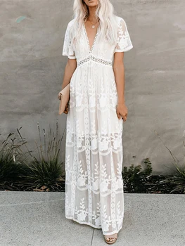 Jastie 2025 Summer Boho Women Maxi Dress Loose Embroidery White Lace long Tunic Beach Dress Vacation Holiday Women Clothing 1