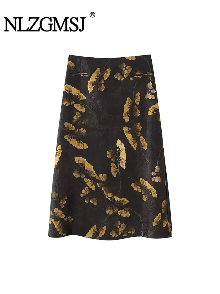 

Nlzgmsj TRAF Women Vintage Print Midi Skirt Fashion High Waist Zipper Skirts 2024 New Female Floral A-line Skirts Streetwear