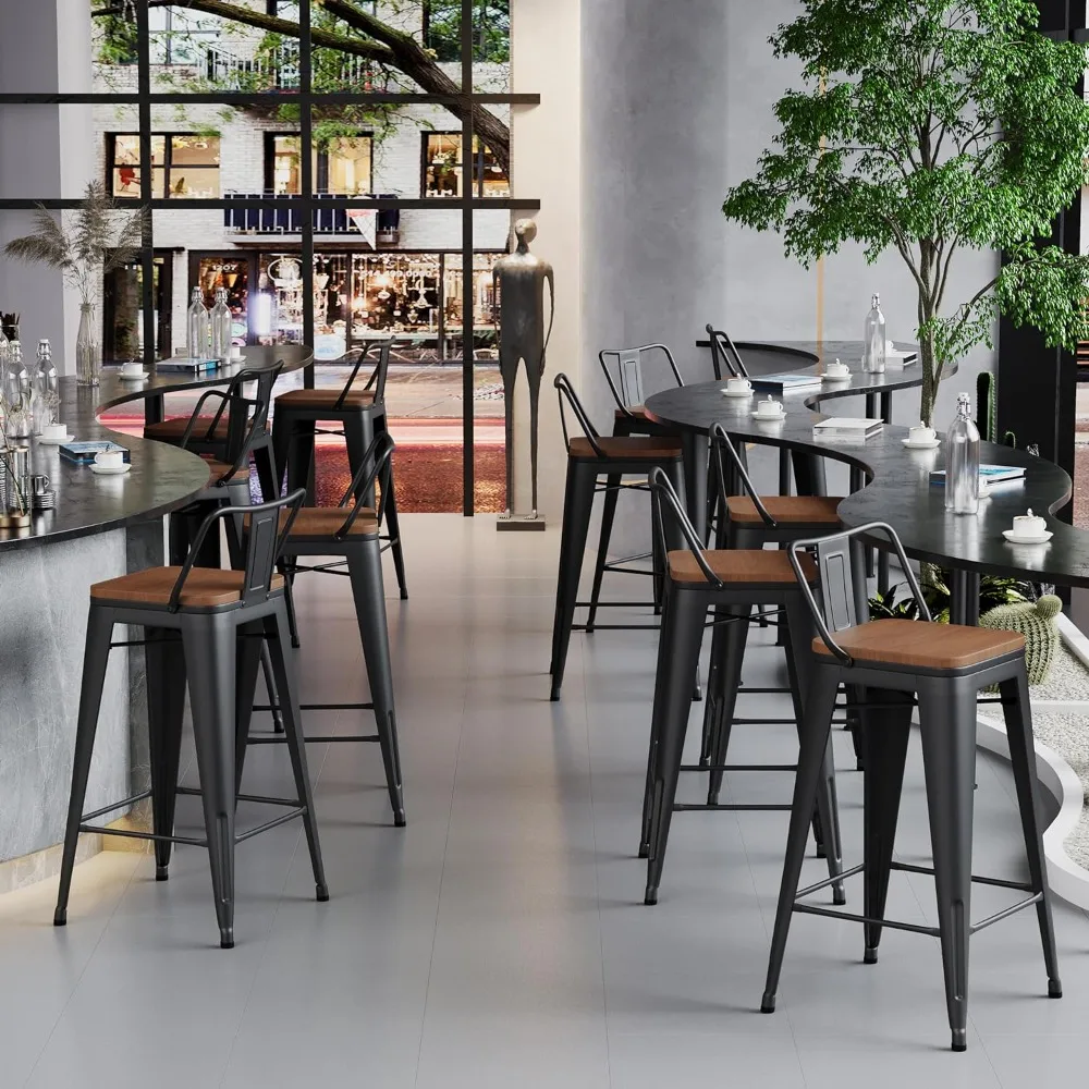 Café Furniture Sets, Back Barstools Metal Stool with Wooden Seat Counter Height Bar Stools, Matte Black Café Furniture Sets