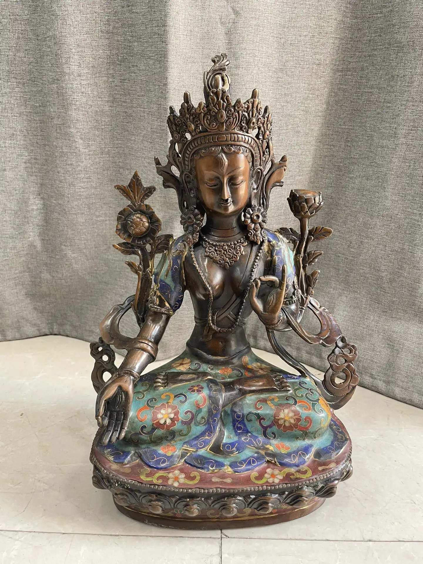 

13"Tibetan Temple Collection Old Bronze Cloisonne Enamel Floral Texture White Tara Buddha Lotus Platform Worship Hall Town house