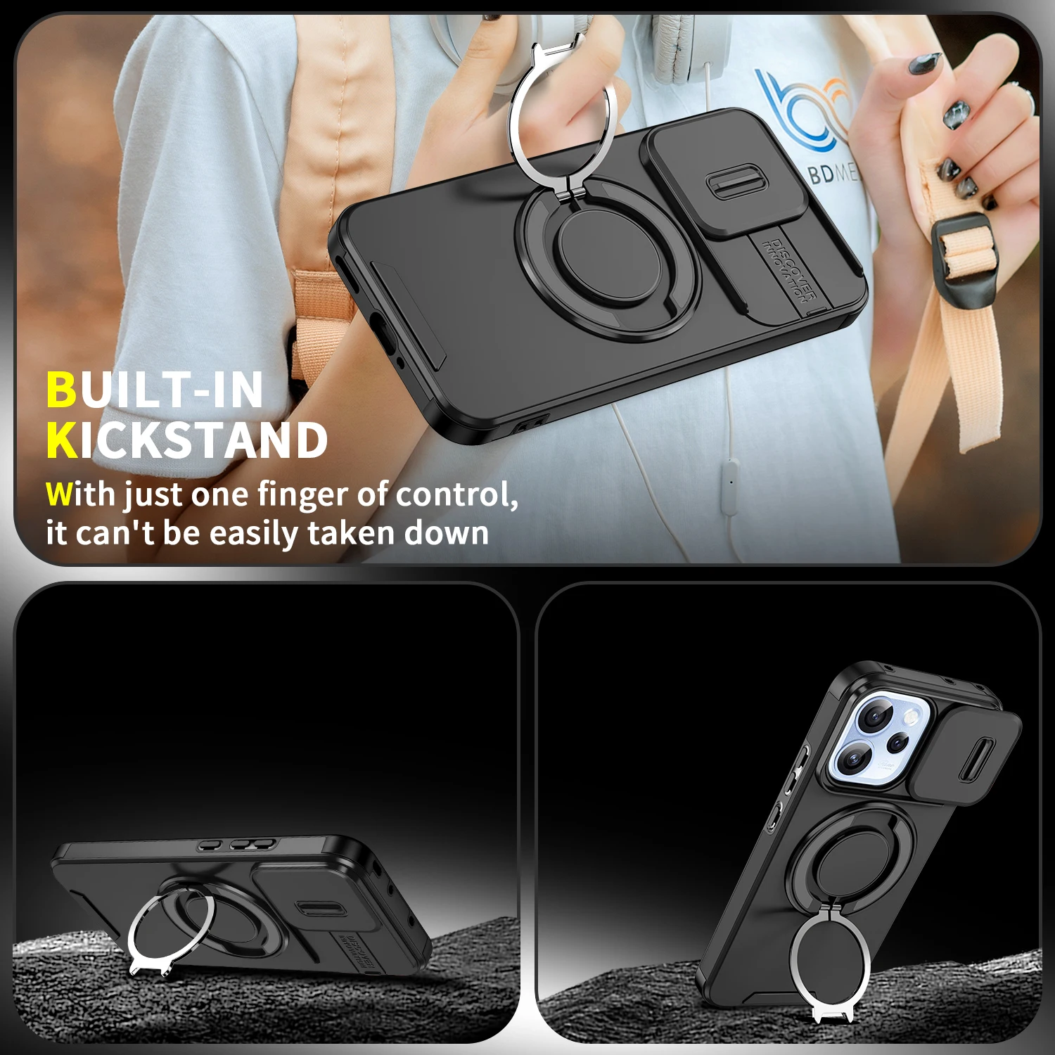 Magnetic Ring Stand Phone Case with Slide Camera Lens Protection and Durable TPU Frame