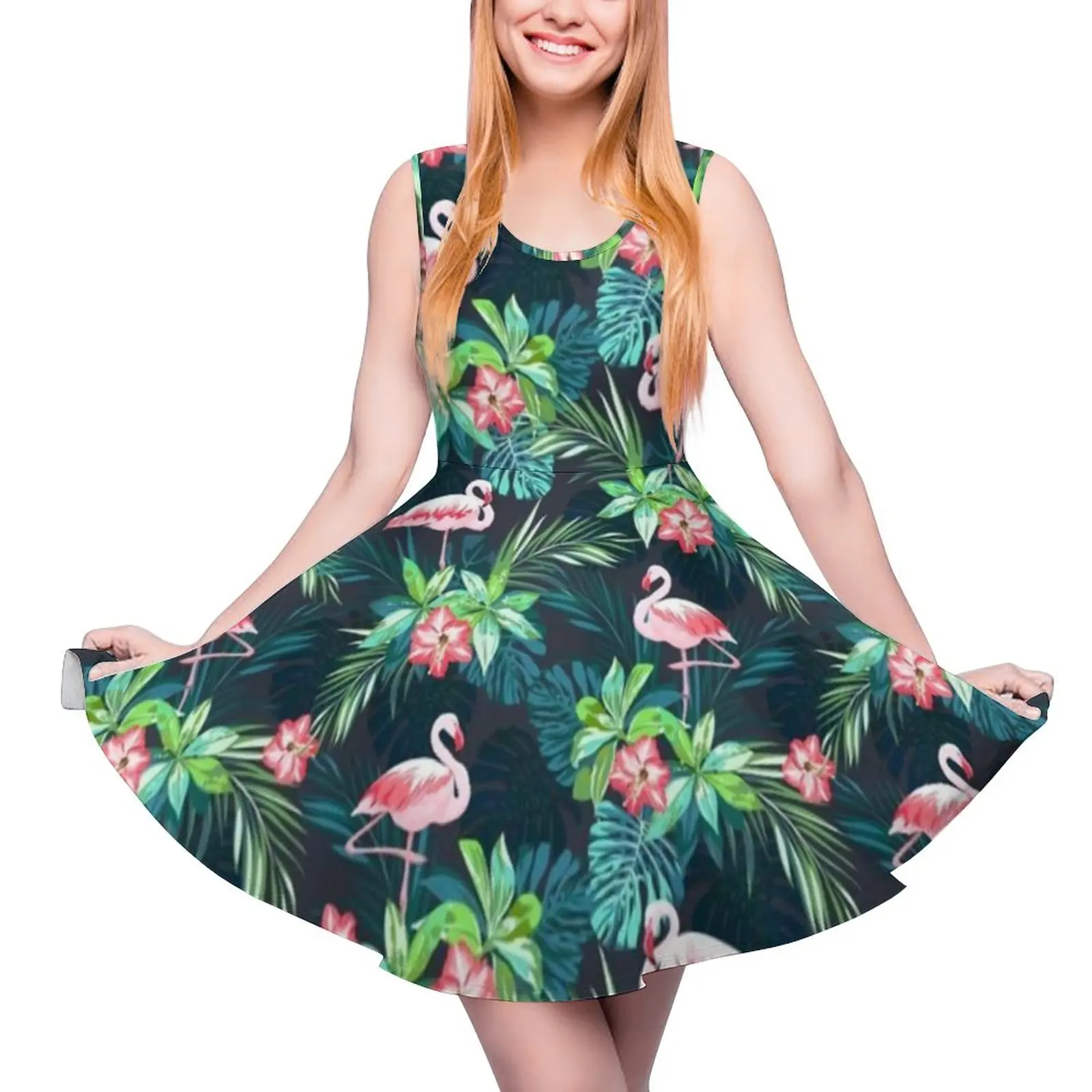 

Tropical Palm Leaves Design Dress Bright Flamingos Pretty Dresses High Waist Aesthetic Custom Skate Dress Oversized Vestido