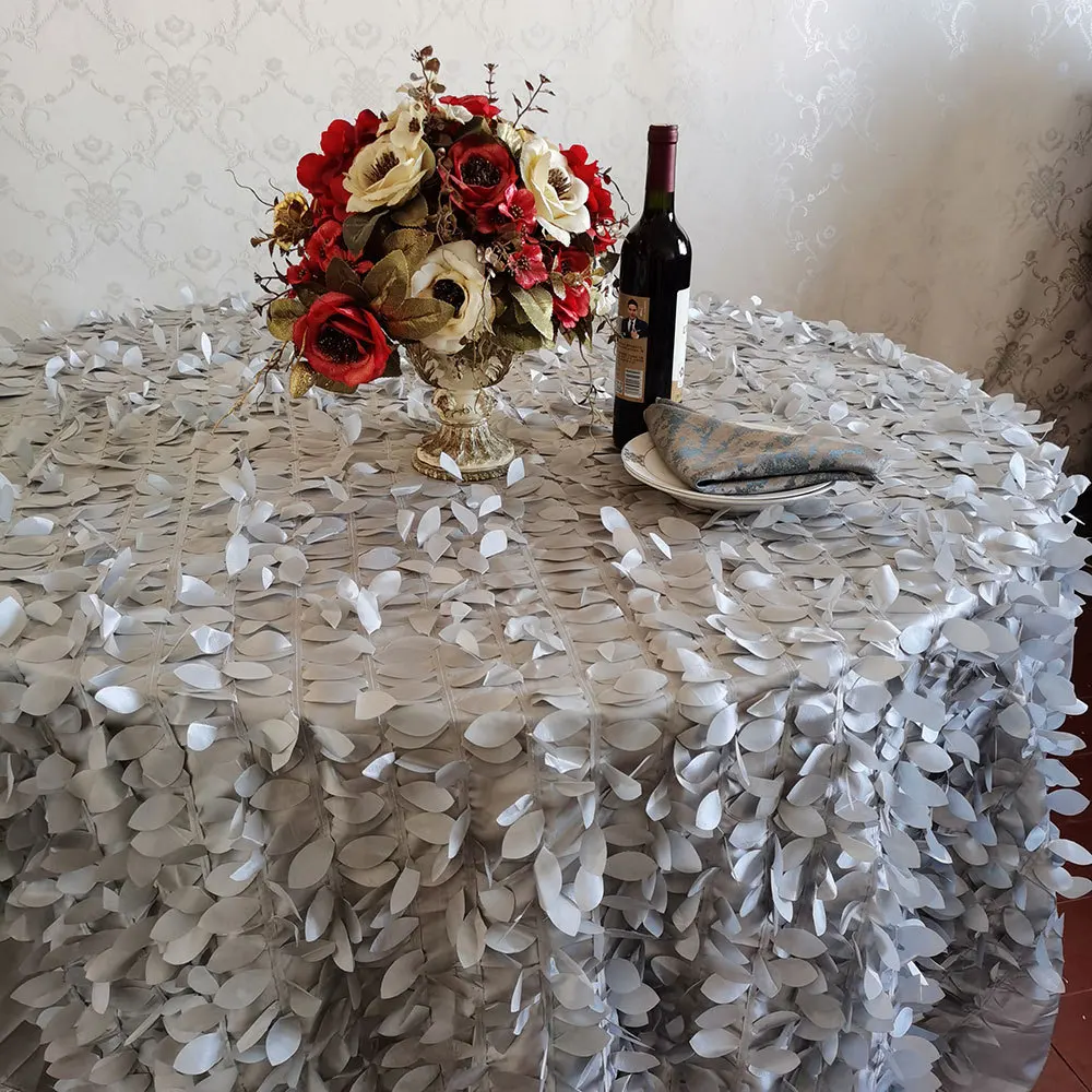 Fancy Silver Leaf Petal Embroidered Wedding Banquet Tablecloth High-end Party Table Cover Hotel Decoration Table Cloth