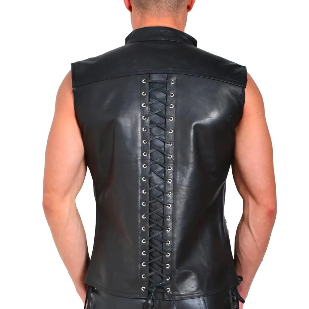 Men's Punk Style Leather Vests With Bandage Fashion Club Stage Wear Waistcoat Skinny PU Sleeveless Jacket For Male Size M-4XL 3