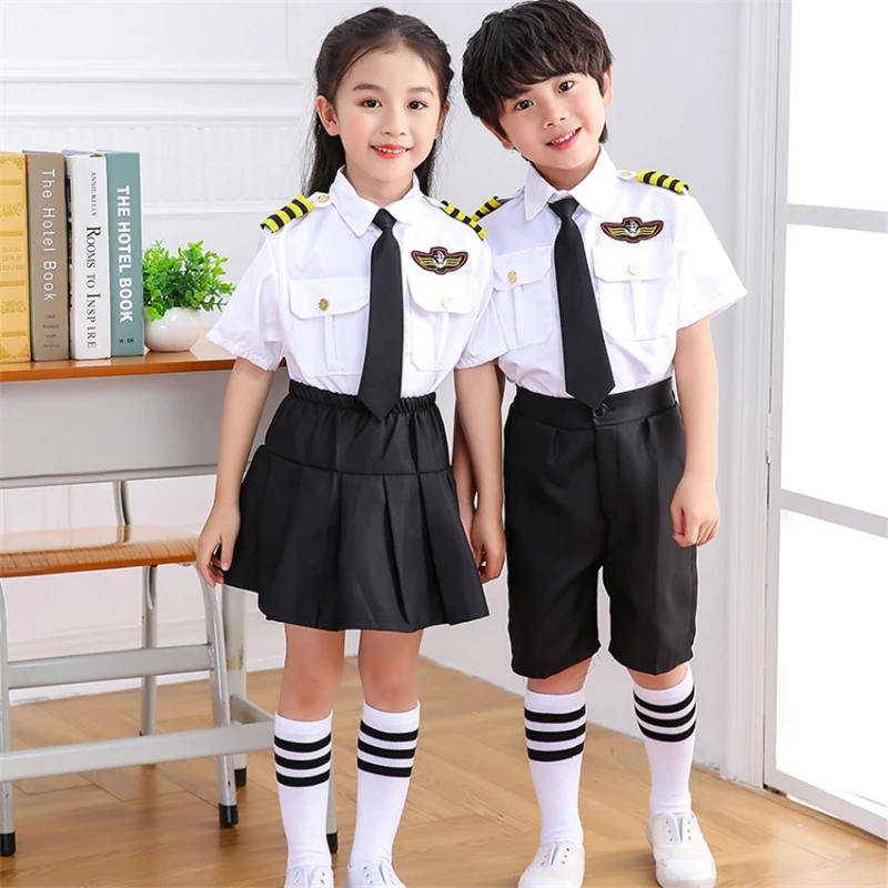 

Flight attendant children's role-playing costumes for Halloween parties, airplane pilots performing professional level costumes