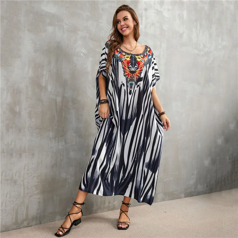 Bohemian print Bikini Cover-up Casual V-neck Loose Summer Dress chiffon Tunic Women Beach Wear Bathing Suit Cover Up