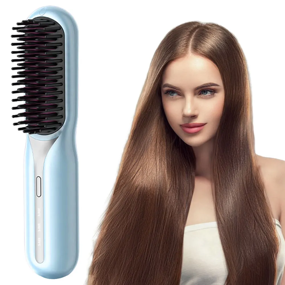 Cordless Hair Straightener Brush Anti-Scald Electric Hot Comb 3 Temp Settings Portable Straightening Brush for Women