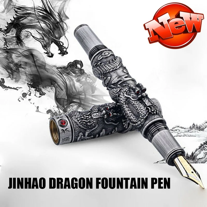 Nuova penna stilografica Jinhao Dragon grigio acciaio metallo oro 18 carati pennino medio penne Vintage penna pesante cancelleria per ufficio firma