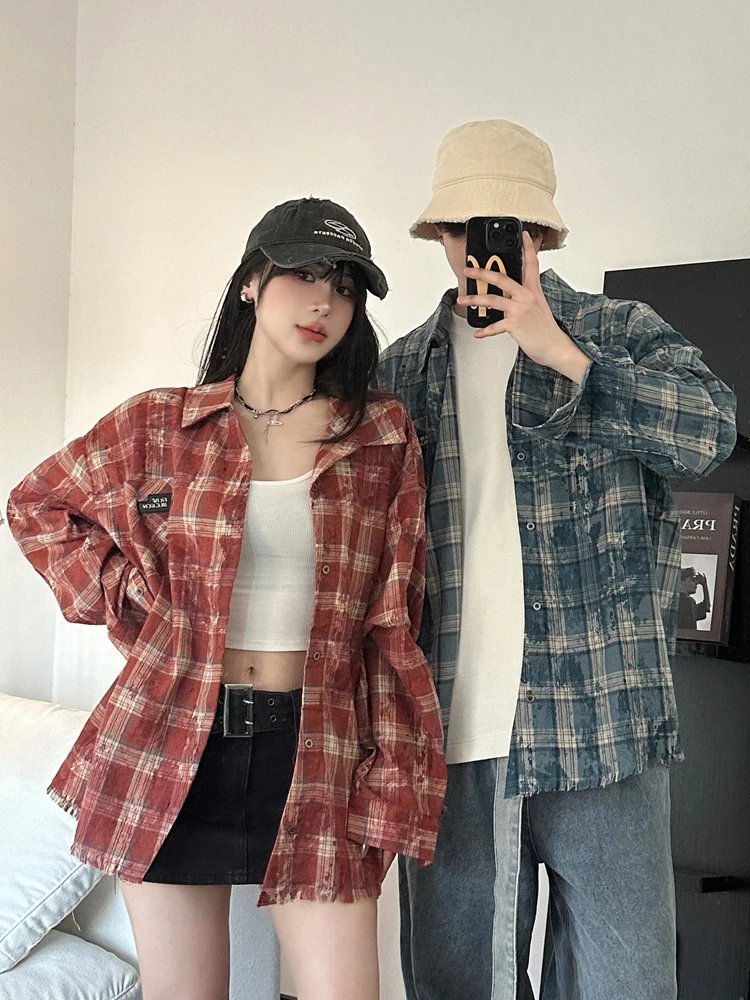아메리칸 레트로 플래드 셔츠 재킷 남성용 가을 프레이드 디자인 루즈핏 레이지 스타일 커플 캐주얼 셔츠 긴팔 샤프 칼라