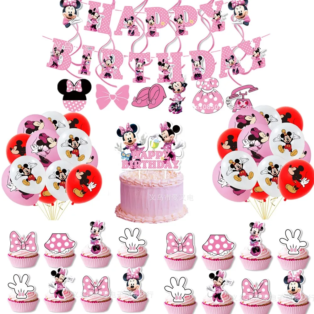 

1set Pink Minnie Theme Party Decoration Latex Balloon Caketopper Happy Birthday Banner baby shower Kid Favors DIY Party Supplies