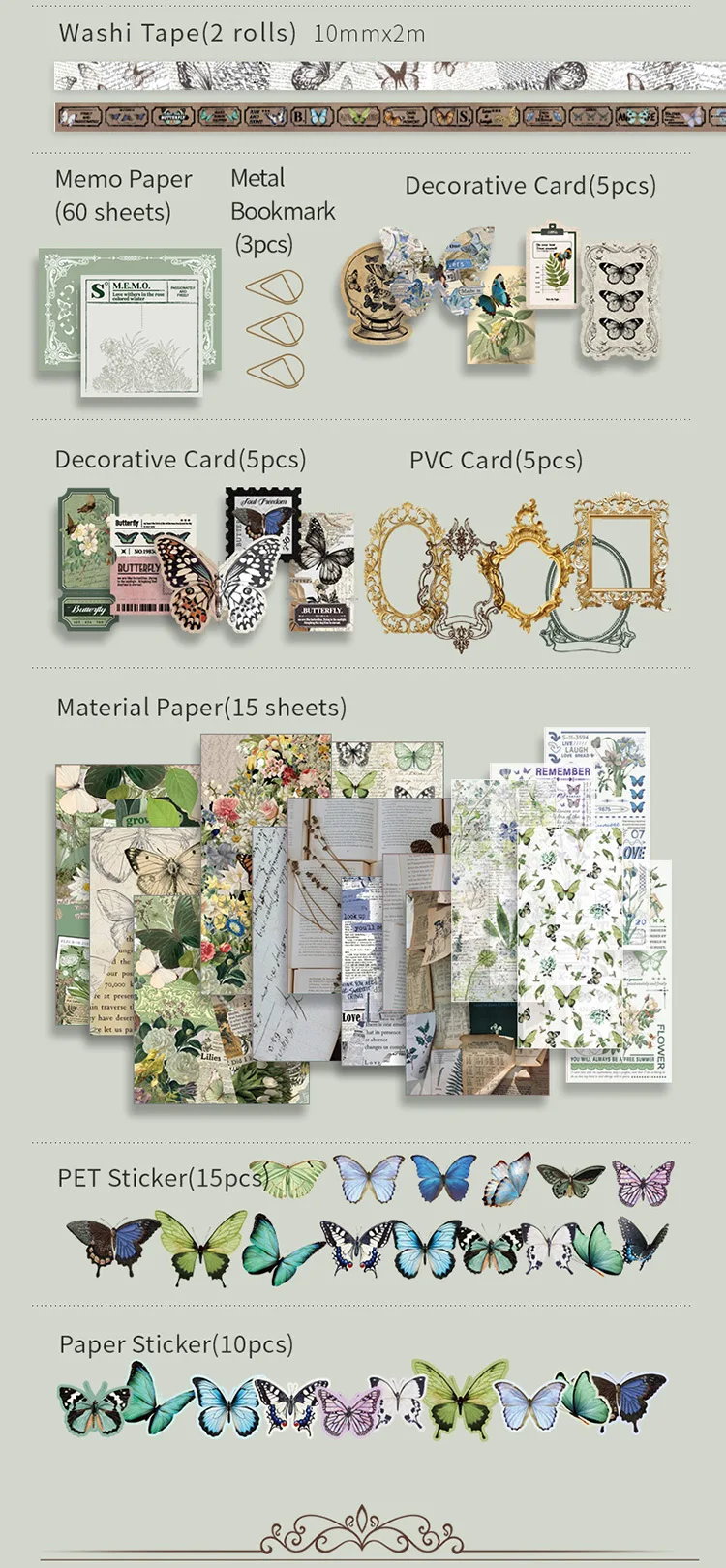 140-teiliges Geschenkset mit Vintage-Schmetterlingsmotiv, Collage-Aufkleber, Scrapbooking-Material, handgefertigtes Tagebuch, Album, Junk Journal Supplies – Detail 6