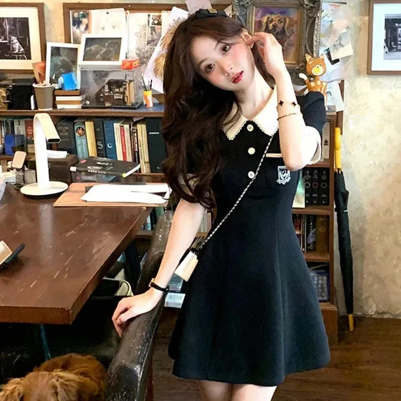 MEXZT 프레피 스타일 여성 드레스, 귀여운 슬림 A 라인 미니 드레스, 학생 Y2K 한국 하이웨이스트 반팔 원피스, 신상 