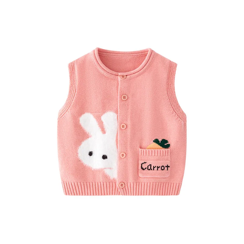 Spring Autumn Toddler Girls Vest Rabbit Pit Striped Jacquard Letter Pocket Little Girls Waistwear Knitted Baby Knitwear