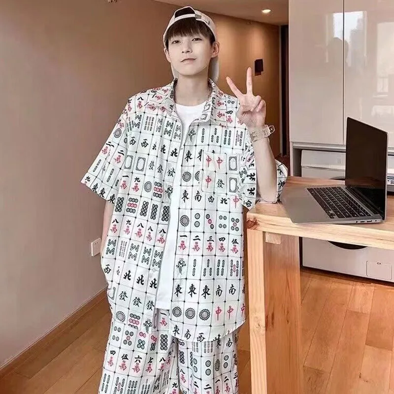 2024 New Hawaii Short Sleeved Shirt And Shorts Two Piece Set Fashion Men And Women's Chinese Mahjong Printed Beach Casual Shirt