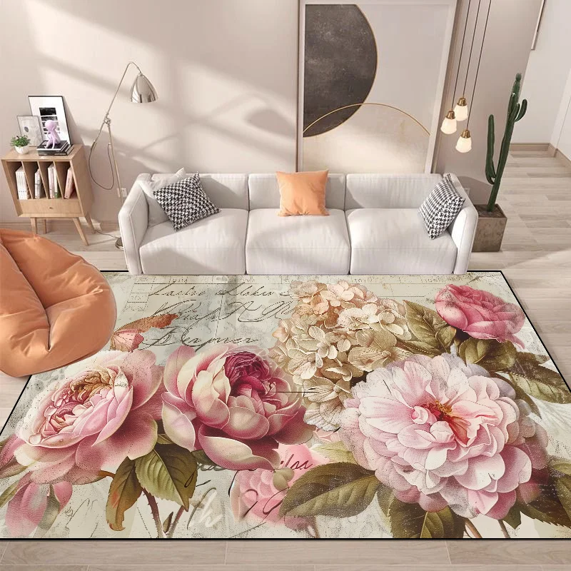 European Style Pink Rose Carpet Living Room Decoration Large Size Coffee Table Rug for Bedroom Decor Washable Non-slip Floor Mat 2