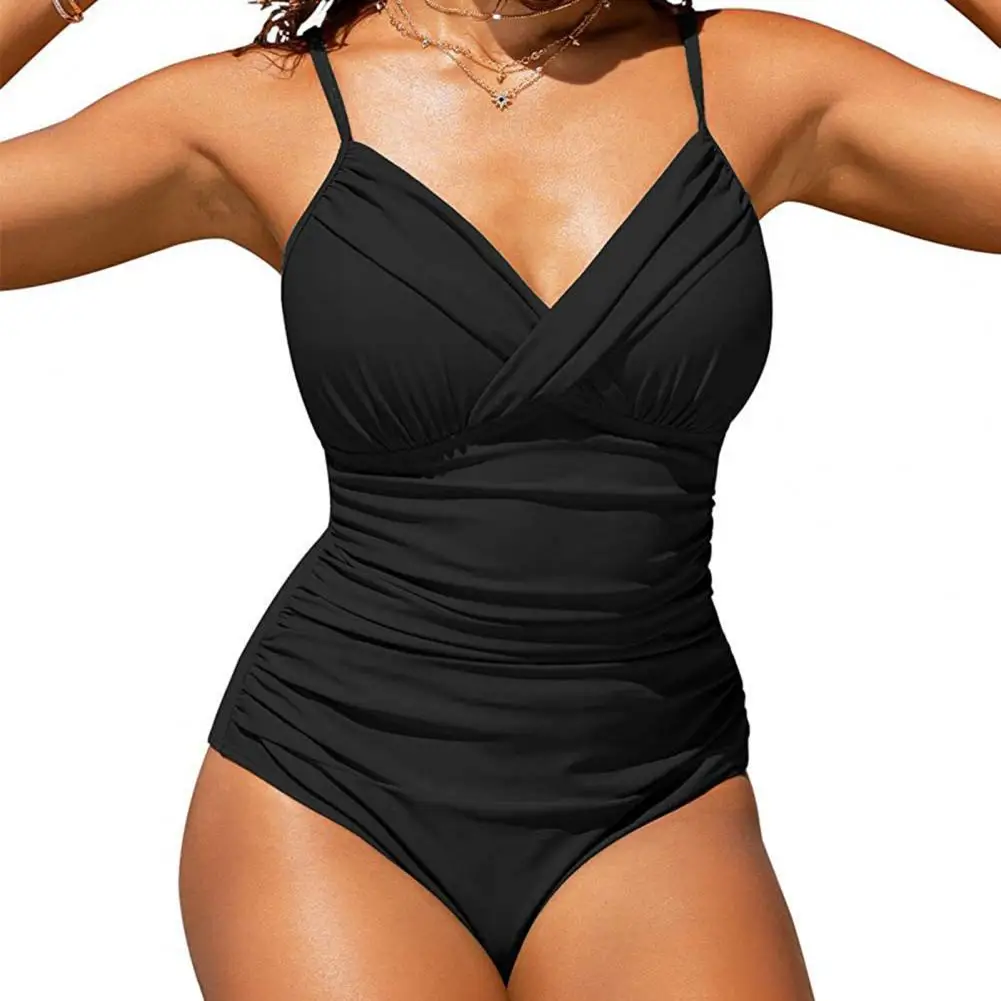 

Women Beach Monokini Deep V Neck Low-cut Backless Sleeveless Pleated Bathing Spaghetti Strap Slim Fit Women Swimwear Water